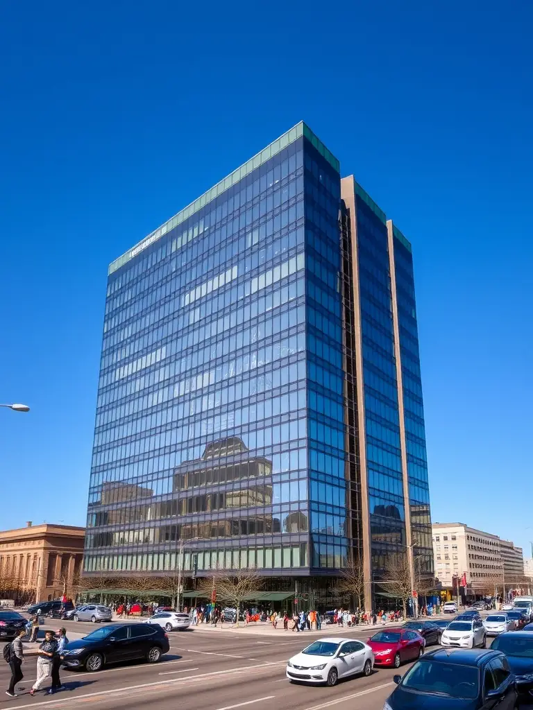 A wide, daytime shot of a modern commercial building with glass facade, reflecting the sky. The building is located in a bustling downtown area, symbolizing Elyon Construction Group's expertise in commercial construction.