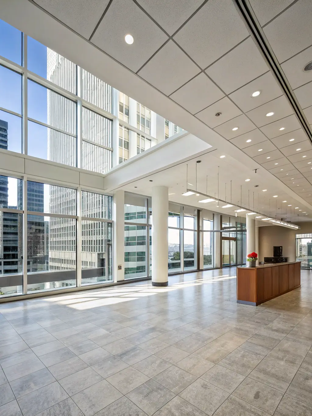 A detailed interior shot of a commercial space constructed by Elyon Construction Group, highlighting the sophisticated design and functionality of the workspace.