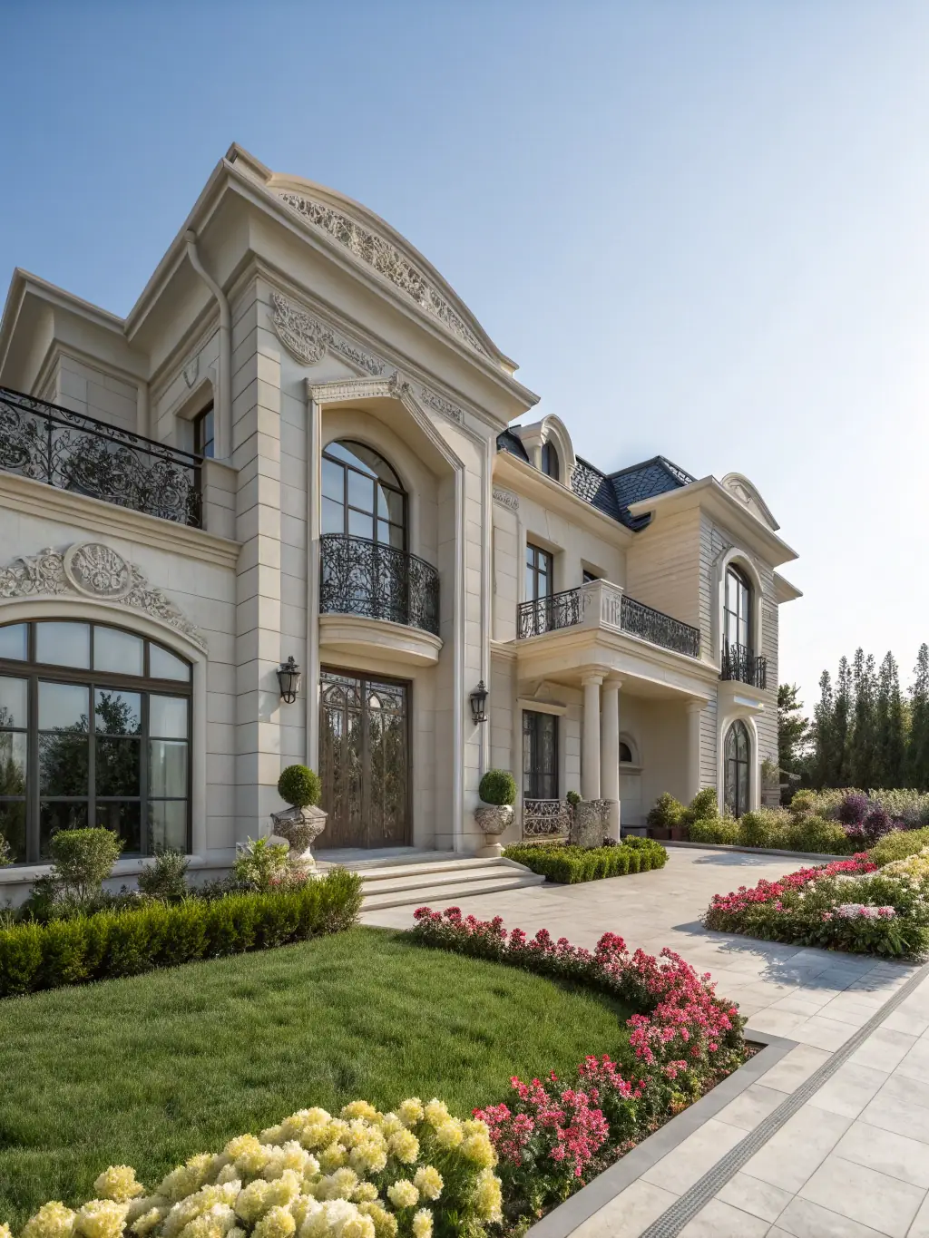 A high-resolution photograph showcasing the exterior of a modern luxury home built by Elyon Construction Group, emphasizing its architectural design and landscaping.