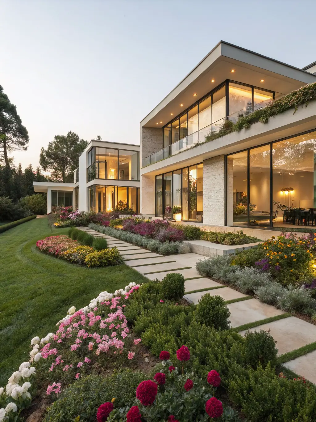 A high-angle, sun-drenched photograph of a newly constructed luxury home with a modern design, showcasing clean lines, large windows, and a meticulously landscaped yard. The image emphasizes the quality and craftsmanship of Elyon Construction Group's residential projects.