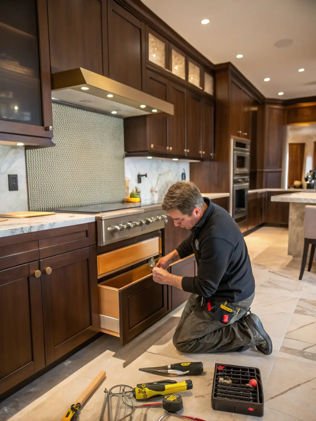 A close-up shot of skilled craftsmen working on intricate detailing of a custom-built kitchen in a high-end residential project. The image highlights the precision and expertise involved in Elyon Construction Group's interior construction services.